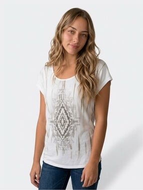 Miss Me Cream Short-Sleeve Scoop Neck Tee with Gray Aztec Graphic